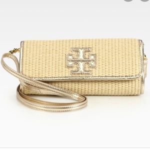 Tory Burch Stacked Straw Clutch in metallic